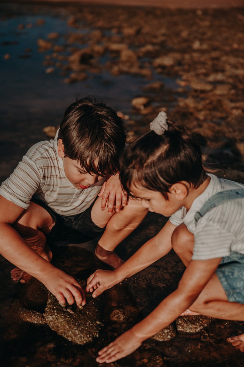 Girl and Boy Playing with Shells on a Rock